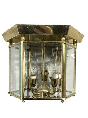 Vintage Hexagonal Solid Brass Three Light Wired Flush Mount